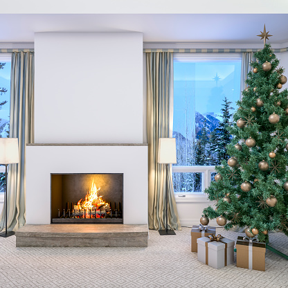 Red room with christmas tree and decoration -rendering