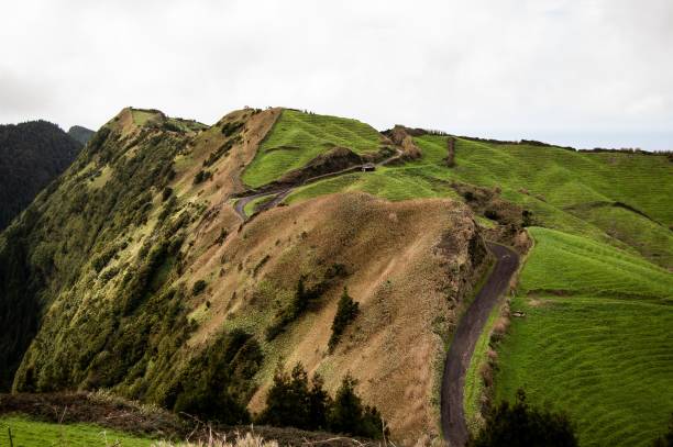 istock Curvy road up to the mountain near grassy fields 1440027612
