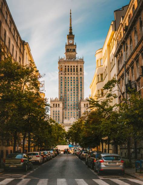 Vertical distant shot of the Palace of Culture and Science in Warsaw, Poland during daytime A vertical distant shot of the Palace of Culture and Science in Warsaw, Poland during daytime warszawa stock pictures, royalty-free photos & images