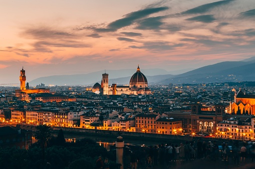 An beautiful aerial shot of Florence, Italy architecture in the evening