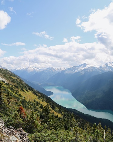 A vertical shot of Whistler mountains with a river flowing between in British Columbia, Canada