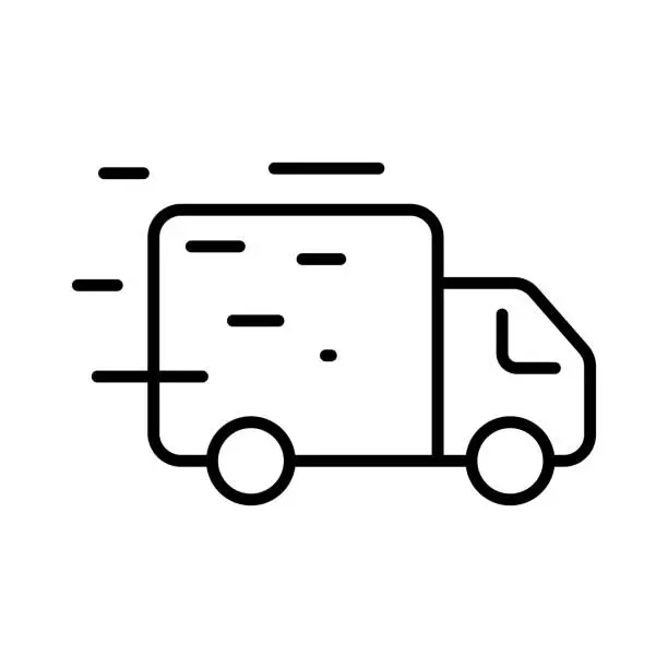 Vector illustration of Fast shipping line icon. Logistics, truck, clock, time, watch, courier, deliver parcel, customer, purchase, buy, client, drive, car. Delivery concept. Vector black line icon on a white background