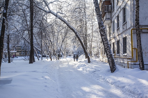 A horizontal shot of a snowy road in a park near an apartment building in Moscow, Russia
