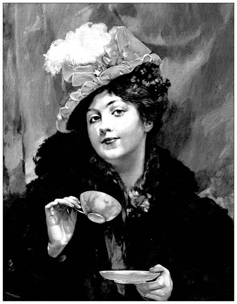 illustrations, cliparts, dessins animés et icônes de antique image: l'heure du thé, by artigue - history women victorian style one person
