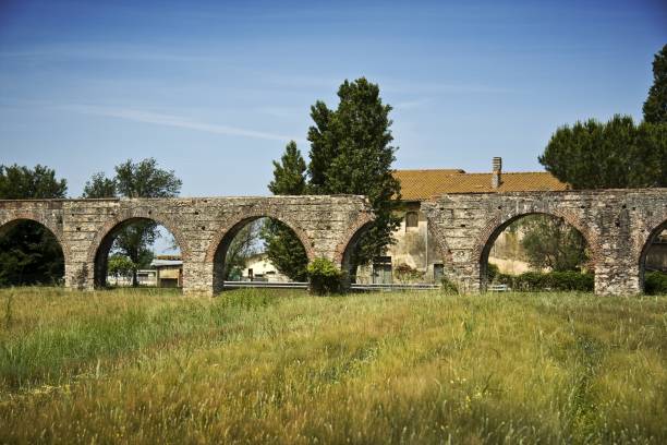istock Old arch bridge on a grass field with trees and a building in the background 1440032512