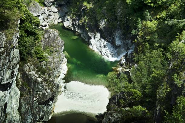 istock High angle shot of a river surrounded by big mountains under the sunlight 1440032524