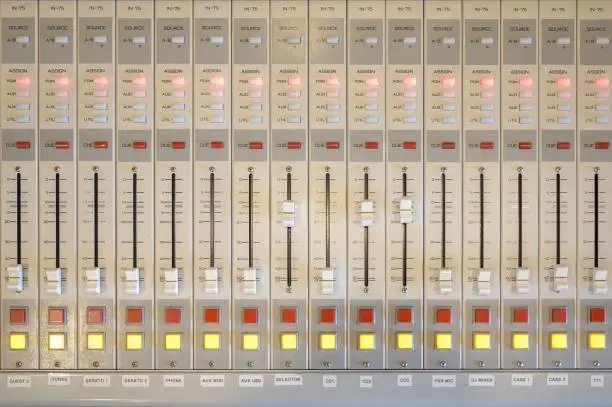 A closeup shot of professional radio station equipment or control panel