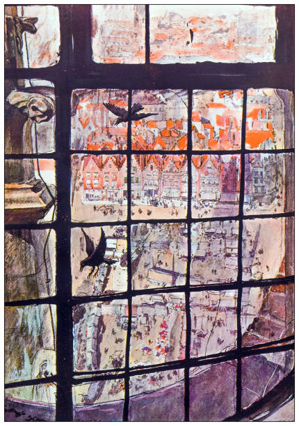 アンティーク画像:ブルージュの鐘楼、グランプラスデュマルシェの眺め - carillon点のイラスト素材／クリップアート素材／マンガ素材／アイコン素材