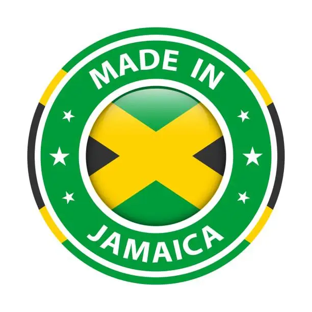 Vector illustration of Made in Jamaica badge vector. Sticker with stars and national flag. Sign isolated on white background.