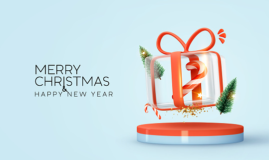 Merry Christmas and Happy New Year. Cylindrical podium for promotions. Round stage for presentation sale product. Stage pedestal or platform with clear glass and ice gift box. Vector illustration