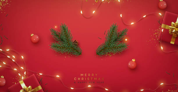 クリスマスの赤い背景にリアルな3d装飾デザインエレメント。赤いギフトボックス、輝く花輪の装飾、緑の木の枝のお祝いのクリスマス構成の平らな上面図。ベクターイラスト - christmas点のイラスト素材／クリップアート素材／マンガ素材／アイコン素材