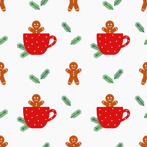 Christmas gingerbread man cookies and coffee funny seamless pattern Christmas gingerbread man cookies and coffee funny seamless pattern. Vector illustration. christmas cookies pattern stock illustrations