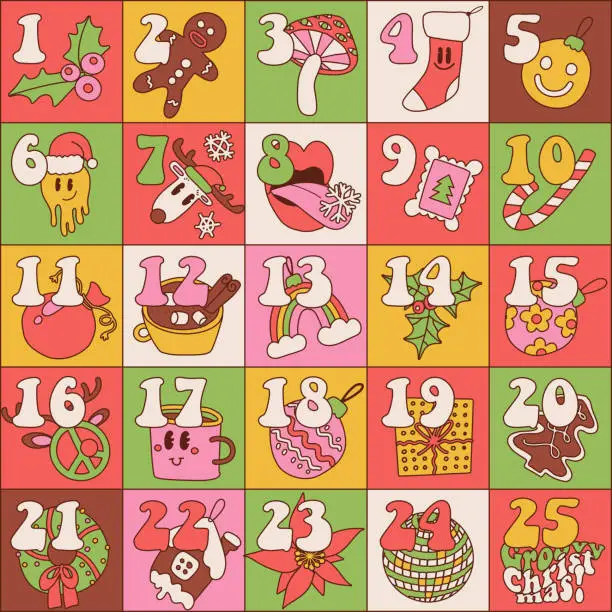 Vector illustration of Groovy Christmas Advent calendar with hand drawn retro hippie elements. Xmas square Poster. Linear vector illustration for 25 december days.