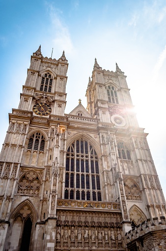 A low angle shot of the famous Westminster Abbey Collegiate church in London, England