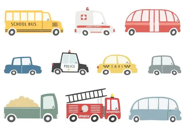 Vector illustration of Set of cute colorful cars isolated on white background. Vector illustration in flat style.