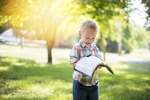 A closeup shot of a child holding an open bible while looking at it with a blurred background