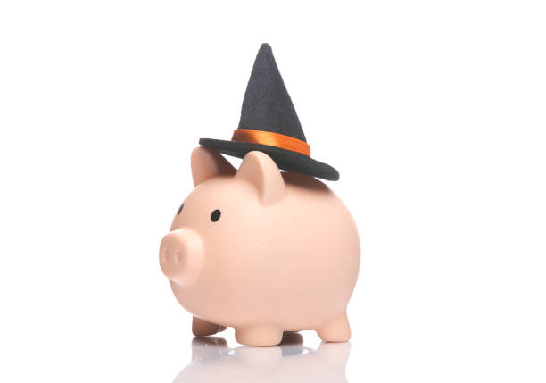Halloween concept. Piggy bank with witch hat isolated on white background with reflection