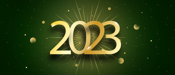 istock Happy new year 2023 typography text celebration poster design. glowing golden number with gold fireworks explosion element and dark sky background 1440039379