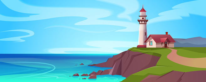 Cartoon ocean shore with lighthouse. Light house on sea coast. Coastline landscape with beacon and signal building on cliff. Summer seashore with rocky beach and marine navigation tower on seaside.