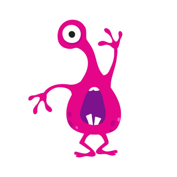 Terrifying pink monster character with one eye Terrifying Halloween monster character with one big eye over white background. Vector illustration of pink cartoon personage with open mouth and hands over head. Evil drawn creature. monocular vision stock illustrations