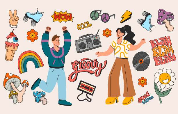 Flat retro 70s sticker elements with hippie characters Vector set of retro hippie characters and stickers. Vintage color elements of psychedelic mushrooms with eyes, daisy flower, rainbow, roller skates, sunglasses and record player with music cassette. background of the cool guy wearing sunglasses stock illustrations
