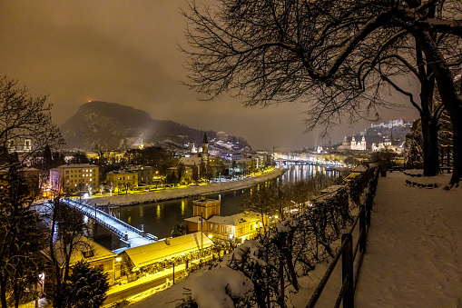 city of salzburg in winter at night