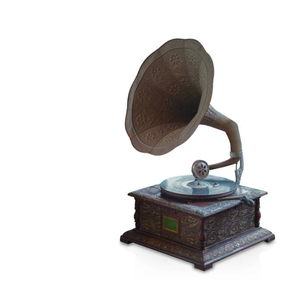 Retro styled image of a collection of old vinyl record lp's with sleeves. Browsing through vinyl records collection. Music background. Copy space. Old gramophone player with vinyl record. op view.