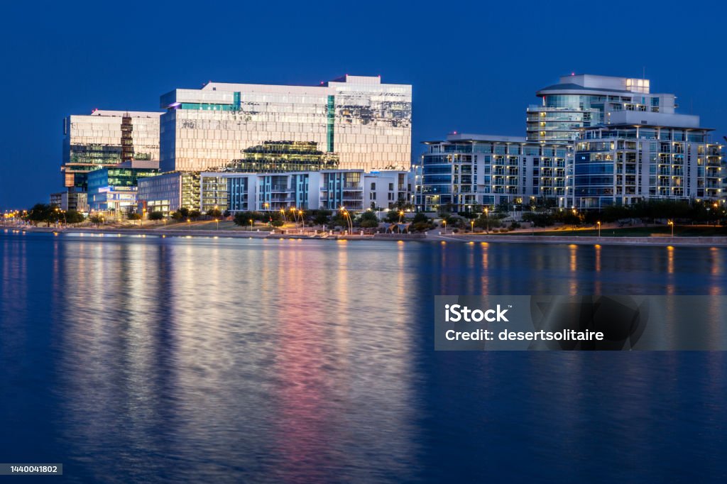Tempe Arizona At Blue Hour Tempe Arizona photographed from the Salt River during blue hour. Architecture Stock Photo