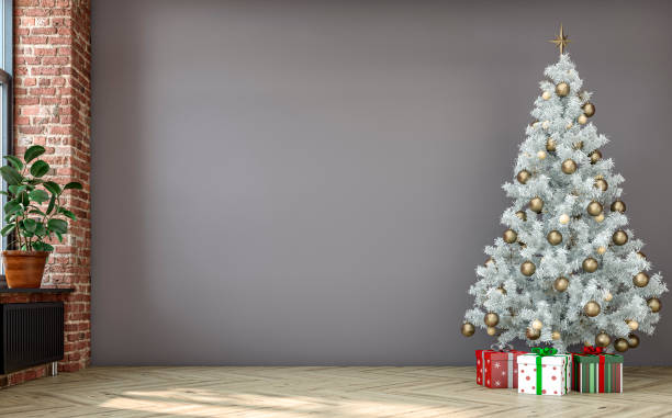 istock Empty unfurnished nostalgic retro living room with a white plaster wall and partly ruined brick wall and Christmas decoration 1440041821