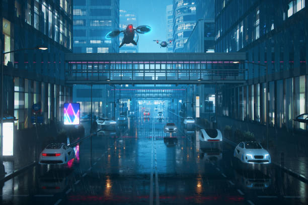 Futuristic Sci-Fi City Center With Flying Vehicles