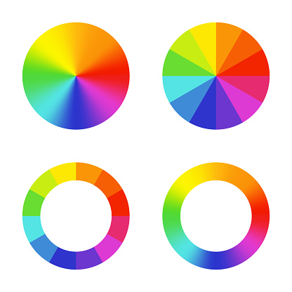 Color wheel - arrangement of color hues around a circle or disc. Vector illustration with rainbow light spectrum gradient