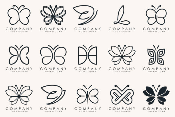 ilustraciones, imágenes clip art, dibujos animados e iconos de stock de conjunto de diseño creativo abstracto de logotipo de mariposa. - mariposa lepidópteros