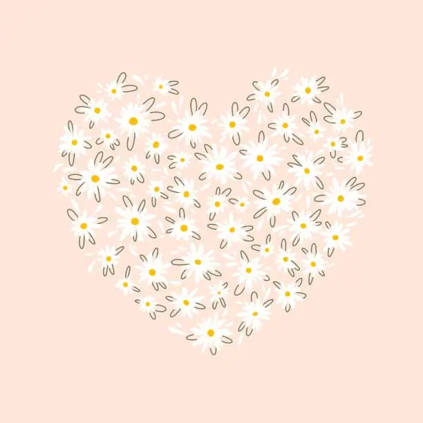 Vector illustration of Heart-shaped daisies. Cute little white flowers in simple hand drawn cartoon style in pastel colors. Vector stock illustration