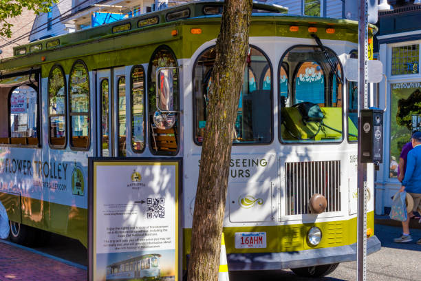 Provincetown, Massachusetts, USA - September 14, 2022:  Trolley car sits waiting for passengers in downtown district.