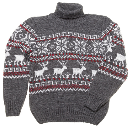 Grey kid's warm Christmas turtleneck jumper (aka Ugly sweater) with nordic knitted ornament on white background