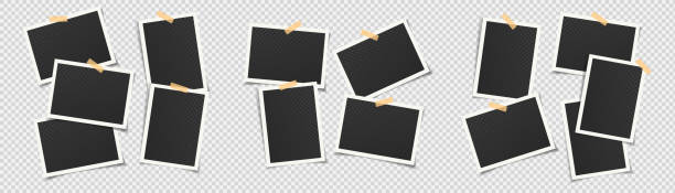 набор пустых черных фоторамок на прозрачном фоне - old photograph stock illustrations