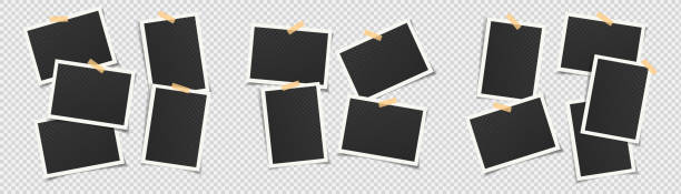 Set of empty black photo frames on transparent background Set of empty black photo frames of various shape and size glued to transparent background with adhesive tape of different colors. Vector illustration with vintage style. 4 Images stock illustrations