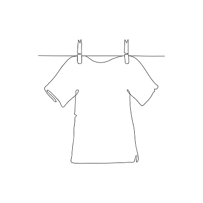 Continuous line drawing cloth, the T-shirt is drying on a rope, one line drawing. Vector.
