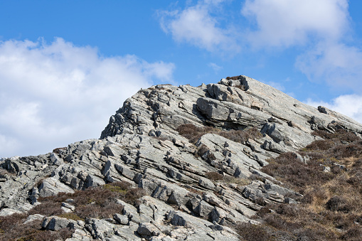 Foliated rock formation with lichen at the rocky shore at a fjord in Western Norway (Golten in Sund municipality) in spring. Gneis and granite are the most important (abundant) rocks in the area. Gneiss is a type of metamorphic rock, whereas granite is a type of igneous rock.