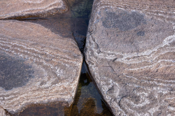 formazione rocciosa fogliata sulla riva rocciosa di un fiordo norvegese - gneiss foto e immagini stock