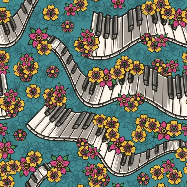 Vector illustration of Piano keys vintage seamless pattern colorful