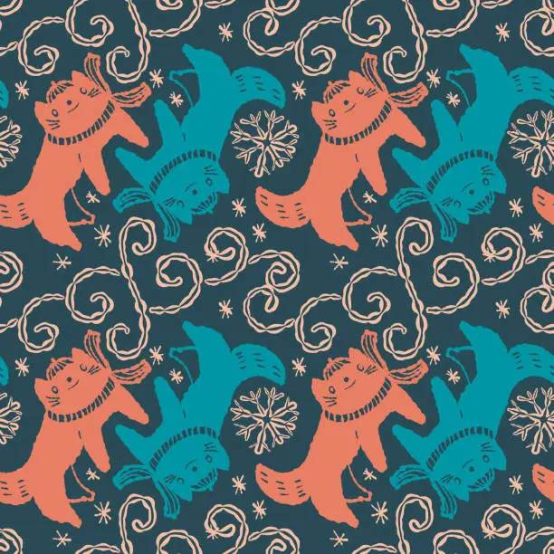 Vector illustration of Seamless winter pattern with cats