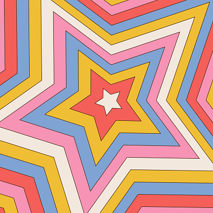 Groovy retro starburst square background with a bright vintage color palette in a spiral or swirled radial striped design. Star concentric tunnel. Vector contour design