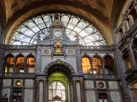 Antwerp, Belgium - Feb 27, 2015 - The interior of the Antwerp. Belgium railway station. This building was constructed between 1895 and 1905.