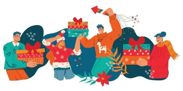 Vector illustration of Cheerful people with Christmas gifts. Men and women in winter clothes, vector isolated.