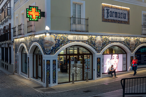 Zafra, Badajoz, Spain - October 30, 2022: Zafra's 'Farmacia Buzo' is the most beautiful pharmacy in Spain after winning a national competition. The establishment stands out for its tiled facade.