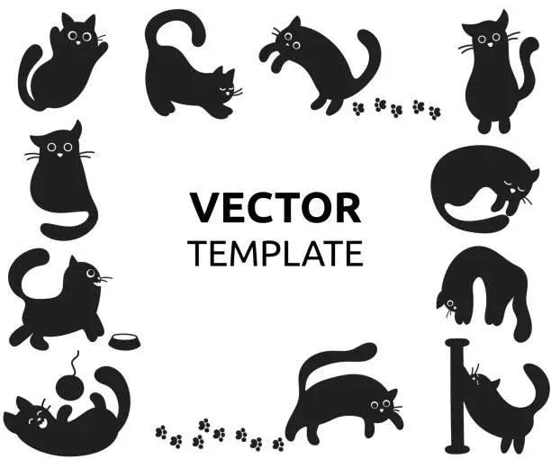 Vector illustration of Template for text with a frame from the collection of cute black cat. Miscellaneous character actions.