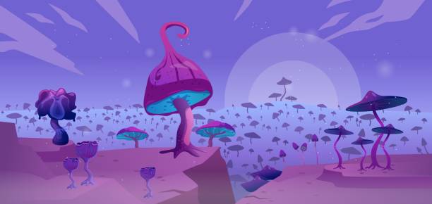 istock Surreal landscape with glowing magic mushrooms. Gaming fantasy background. 1440056027