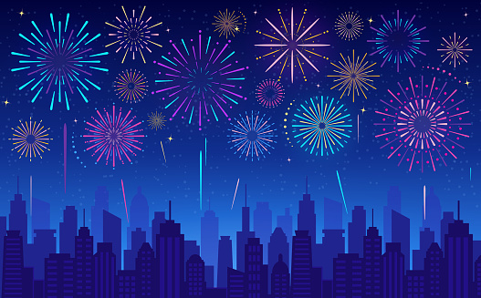 Vector illustration of colorful festive fireworks in dark evening sky. Celebration background for winter holiday, Xmas, New Year,  Independence day, carnival, birthday. Glowing light over the city.