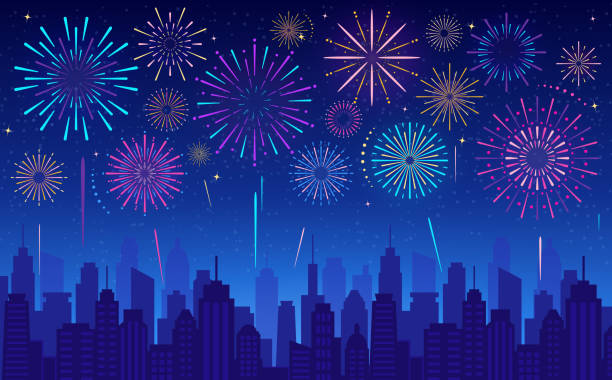 Colorful festive fireworks in dark evening sky. Vector illustration of colorful festive fireworks in dark evening sky. Celebration background for winter holiday, Xmas, New Year,  Independence day, carnival, birthday. Glowing light over the city. fireworks stock illustrations